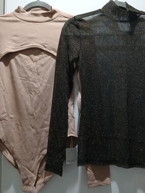 Mangopop Duo - Black Metallic Long-Sleeve Sheer Top + Tan Long Sleeved Bodysuit